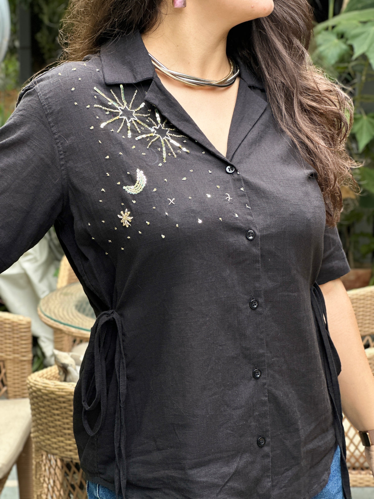Sitara Handembroidered Black Cotton Shirt