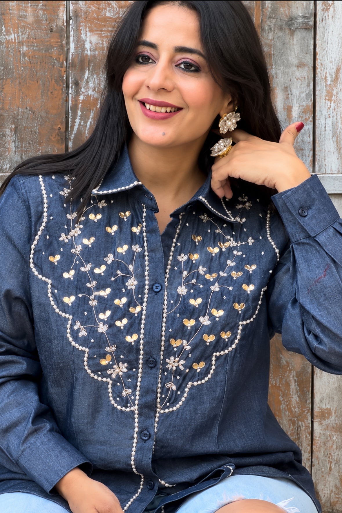 Denim Pearl Handwork Shirt