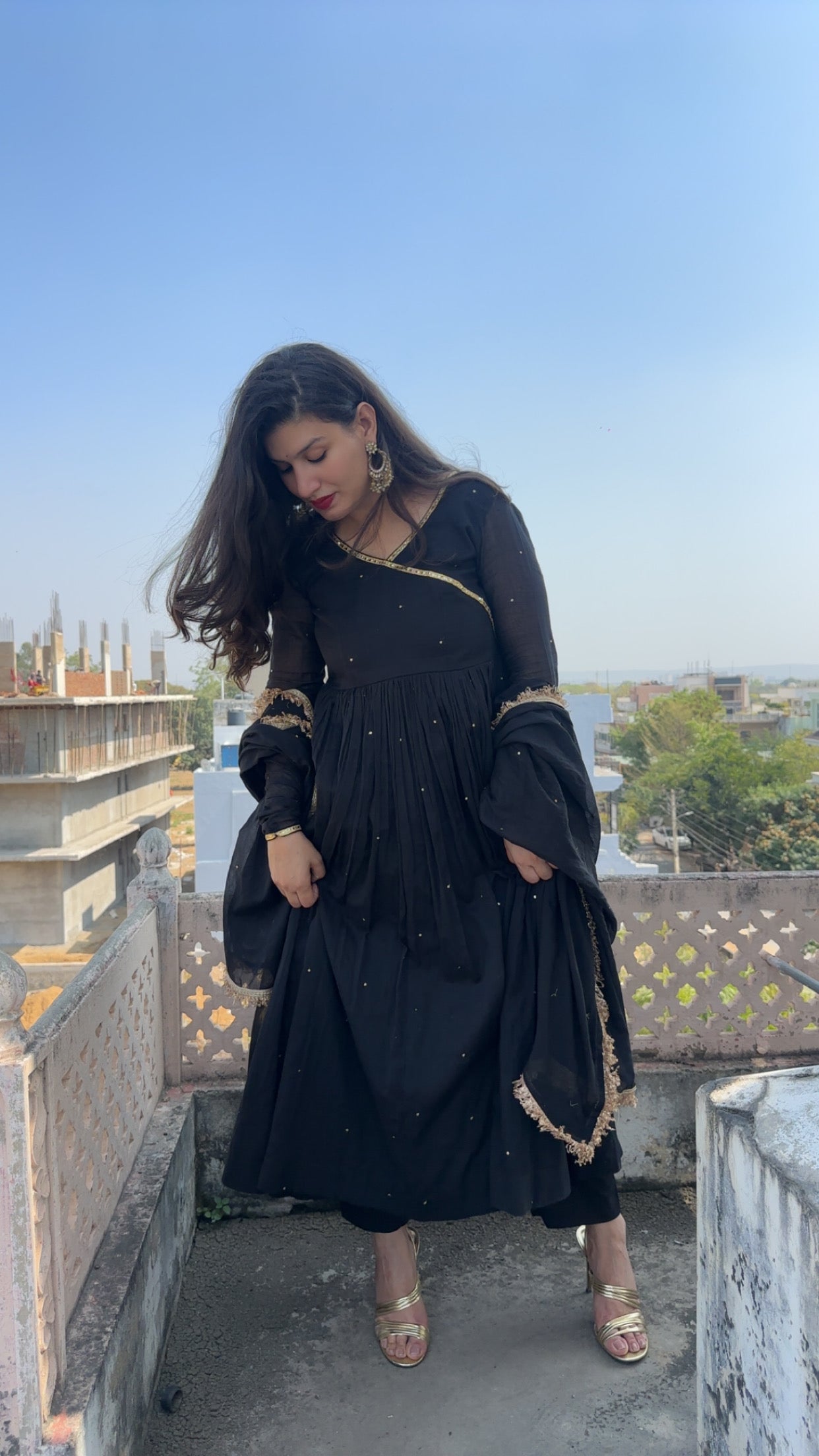 mukeshwork black cottom malmal anarkali set of 3