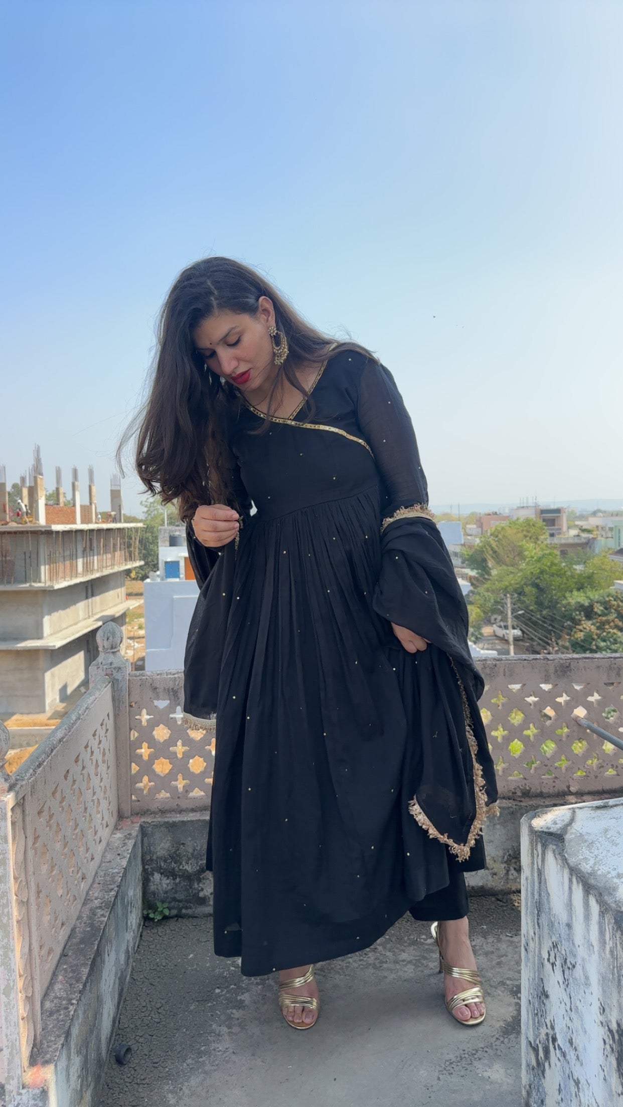 mukeshwork black cottom malmal anarkali set of 3