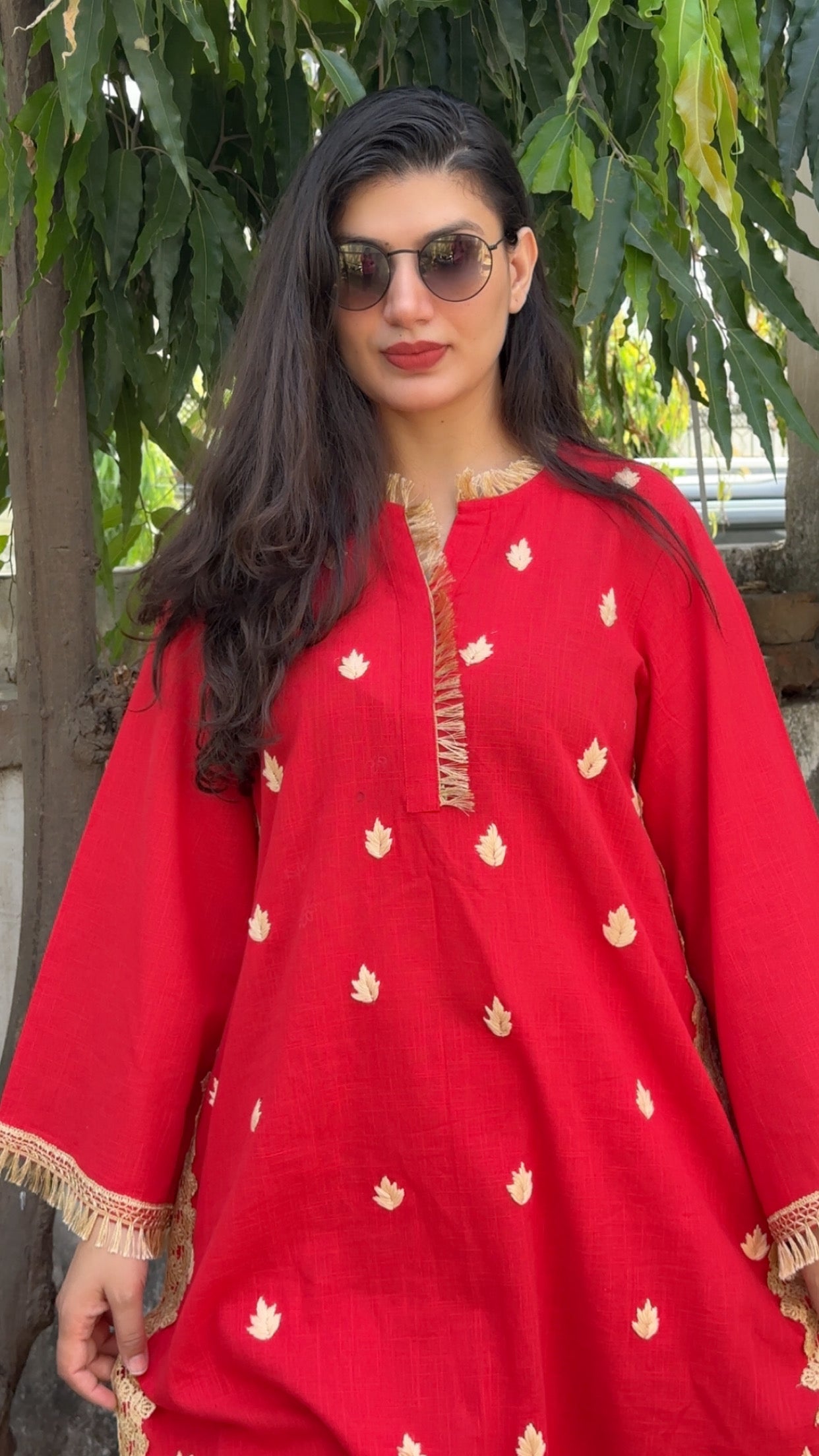 Red Leela Handembroidered and Lace Work Kurta Set of 2