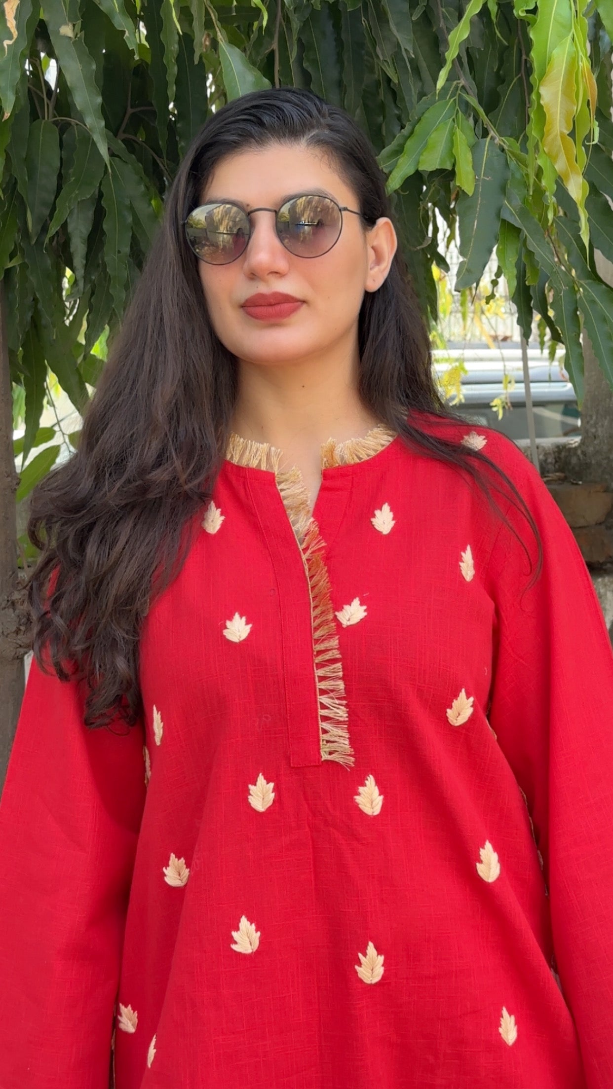 Red Leela Handembroidered and Lace Work Kurta Set of 2