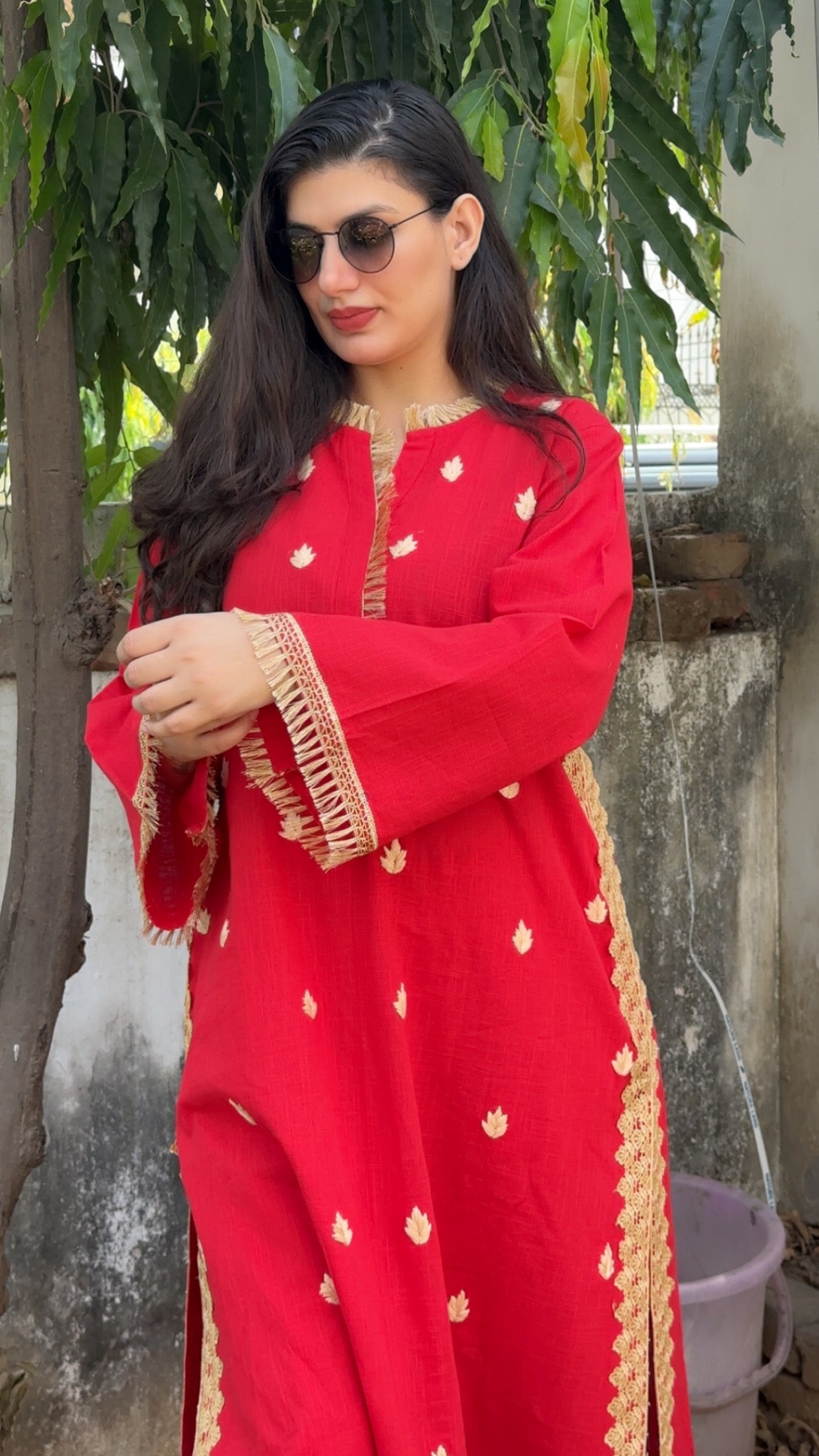 Red Leela Handembroidered and Lace Work Kurta Set of 2