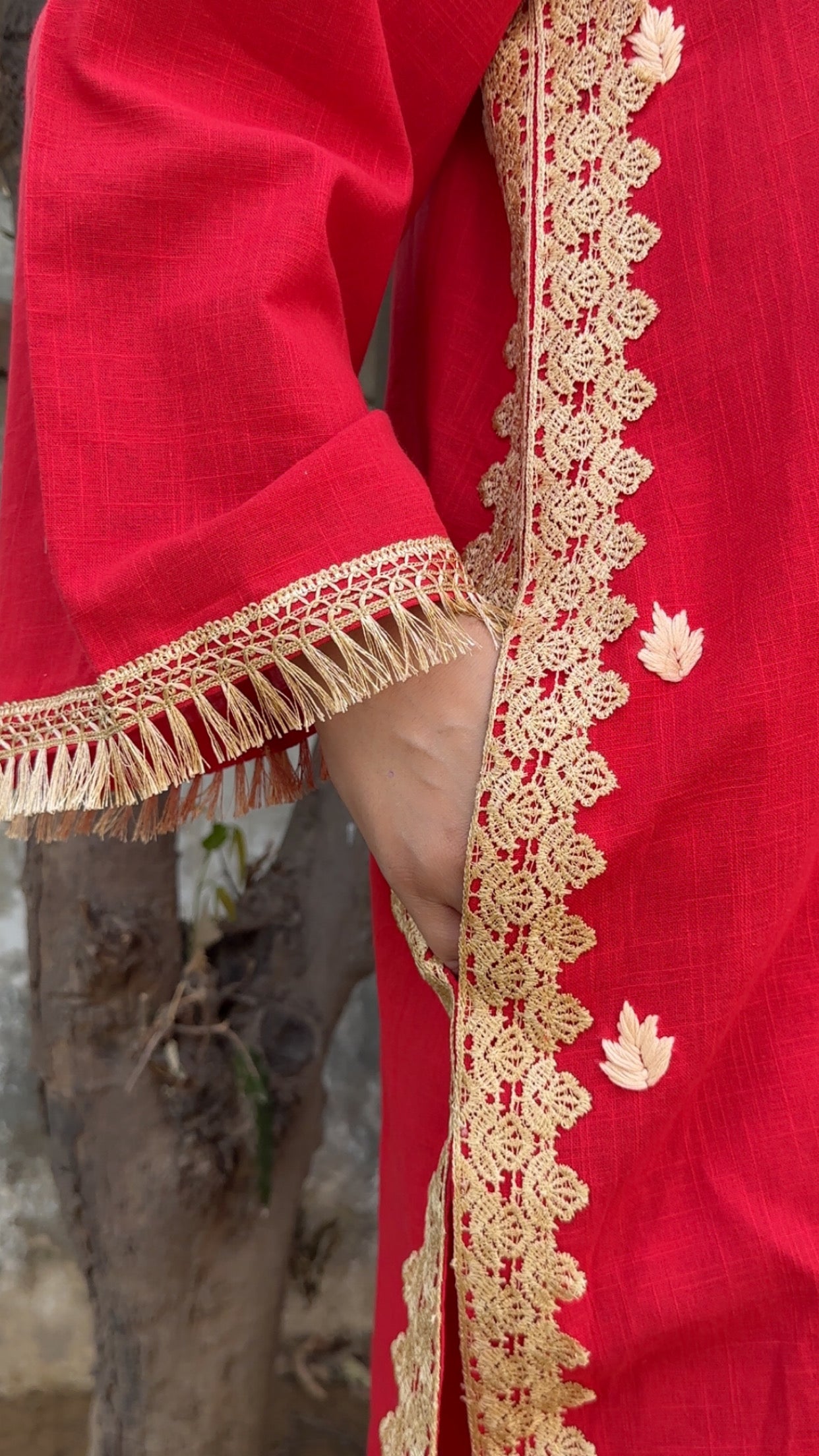 Red Leela Handembroidered and Lace Work Kurta Set of 2