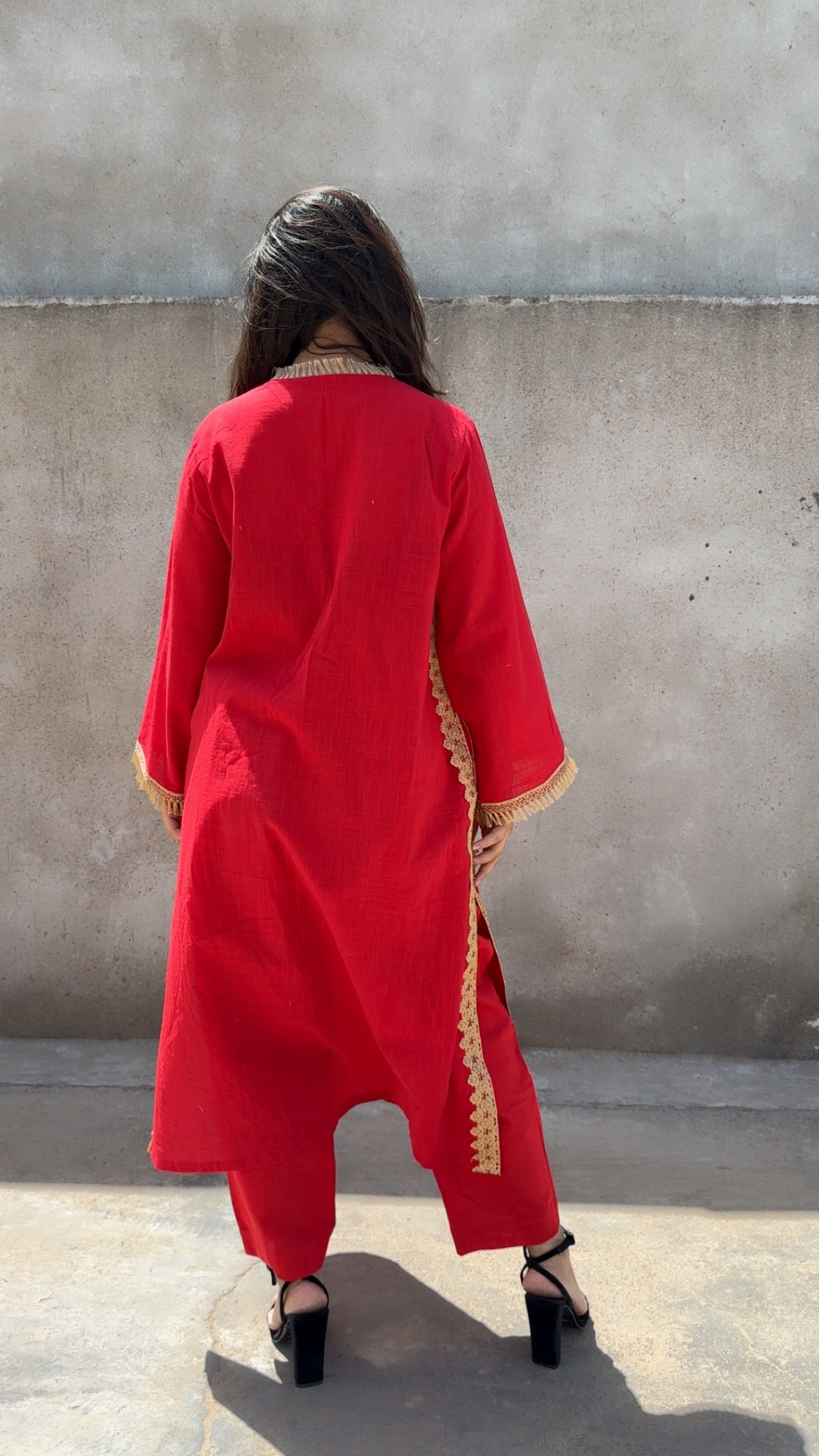 Red Leela Handembroidered and Lace Work Kurta Set of 2