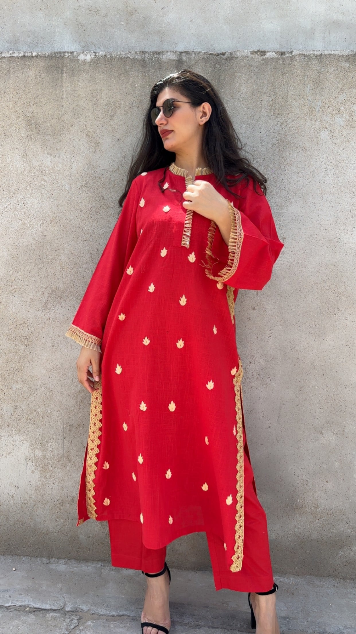Red Leela Handembroidered and Lace Work Kurta Set of 2