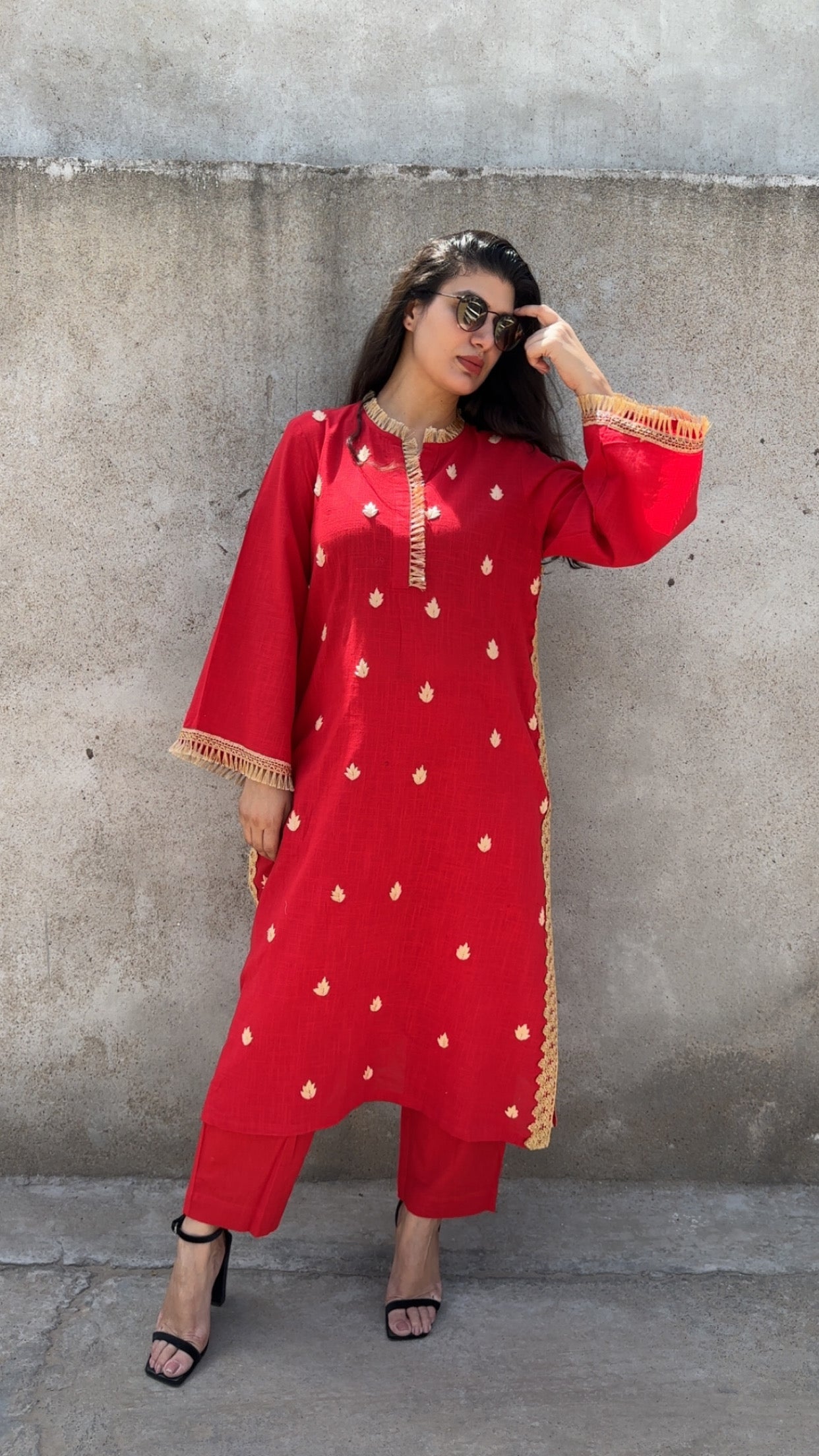Red Leela Handembroidered and Lace Work Kurta Set of 2