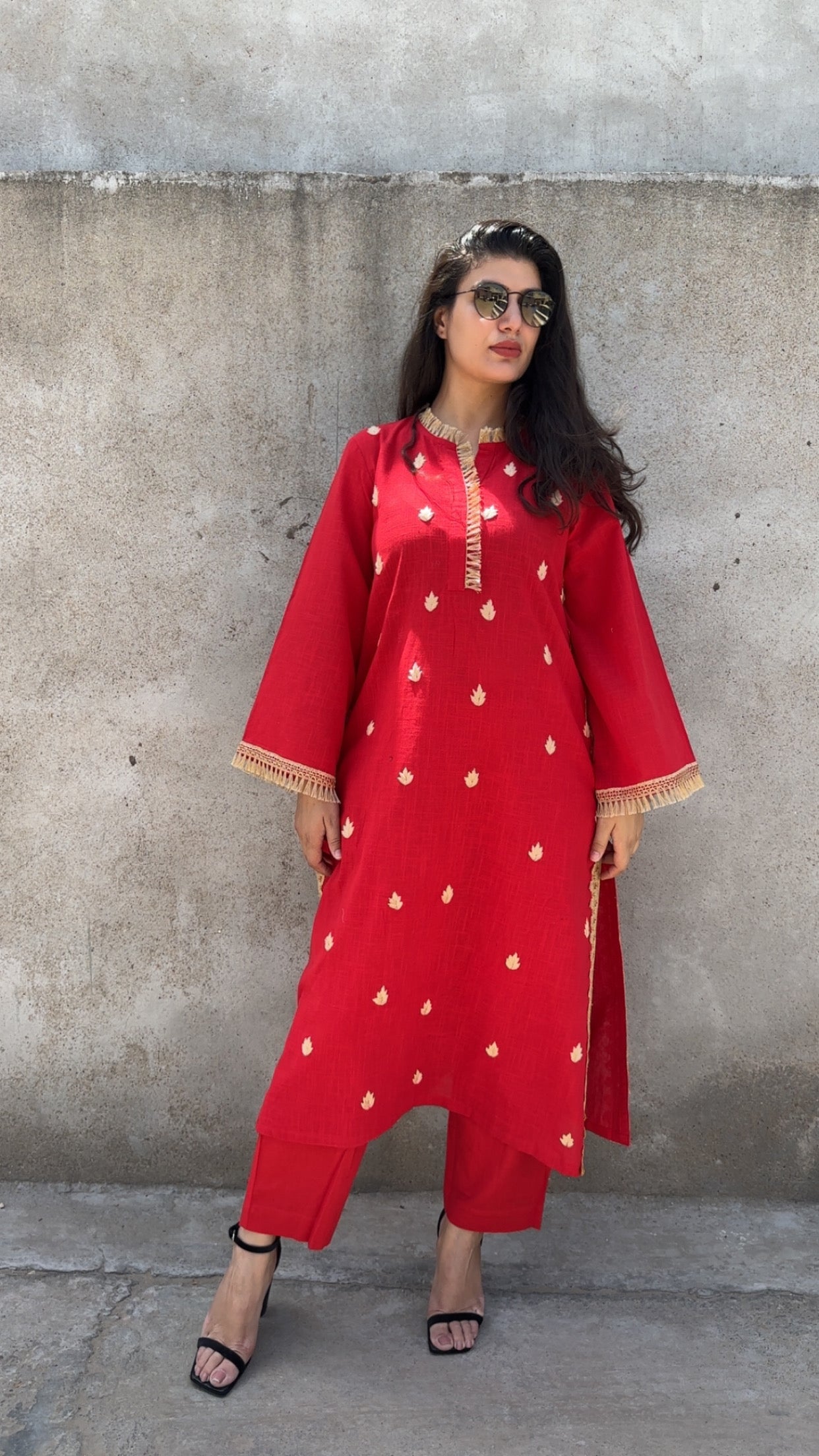 Red Leela Handembroidered and Lace Work Kurta Set of 2