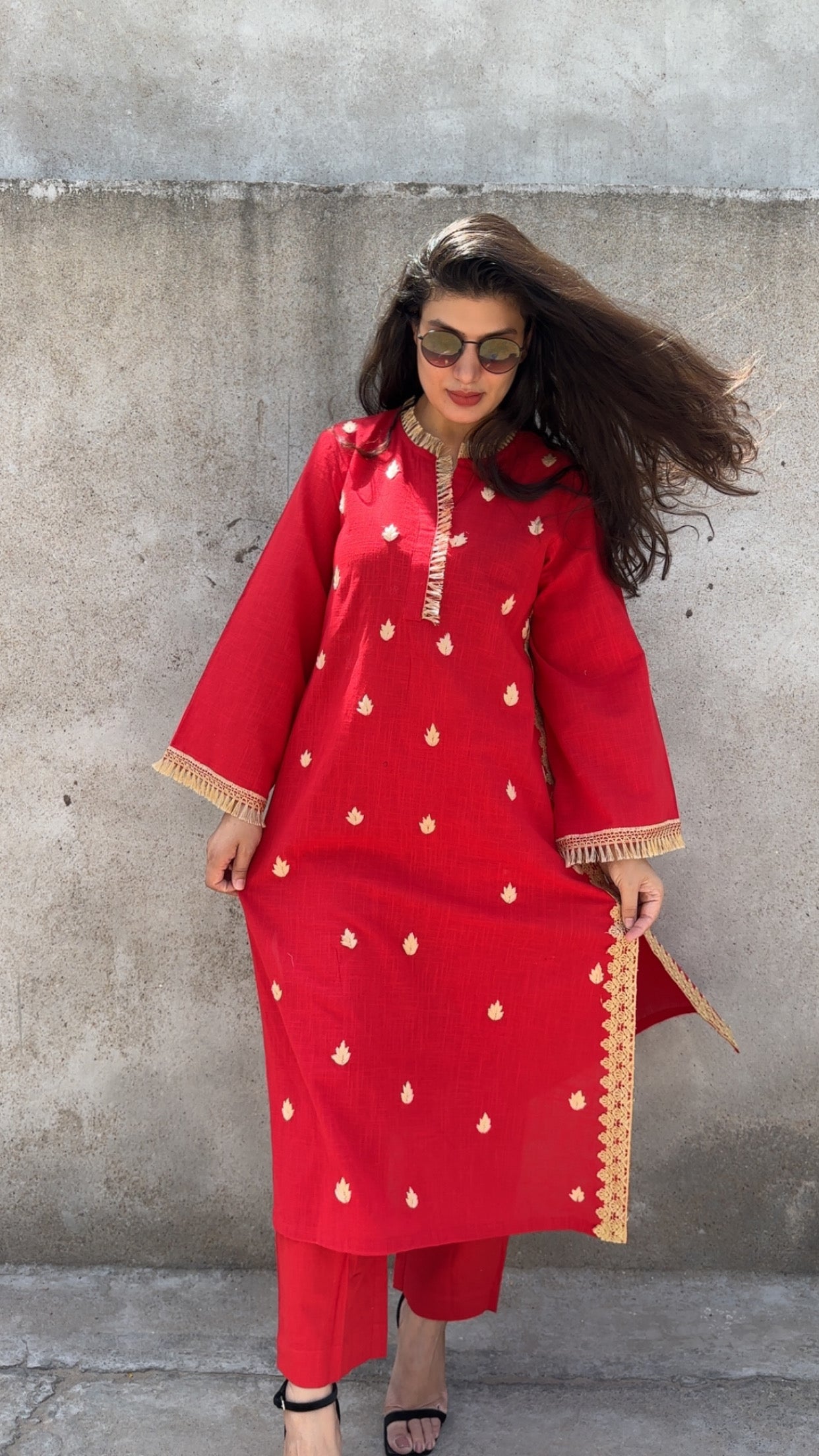 Red Leela Handembroidered and Lace Work Kurta Set of 2