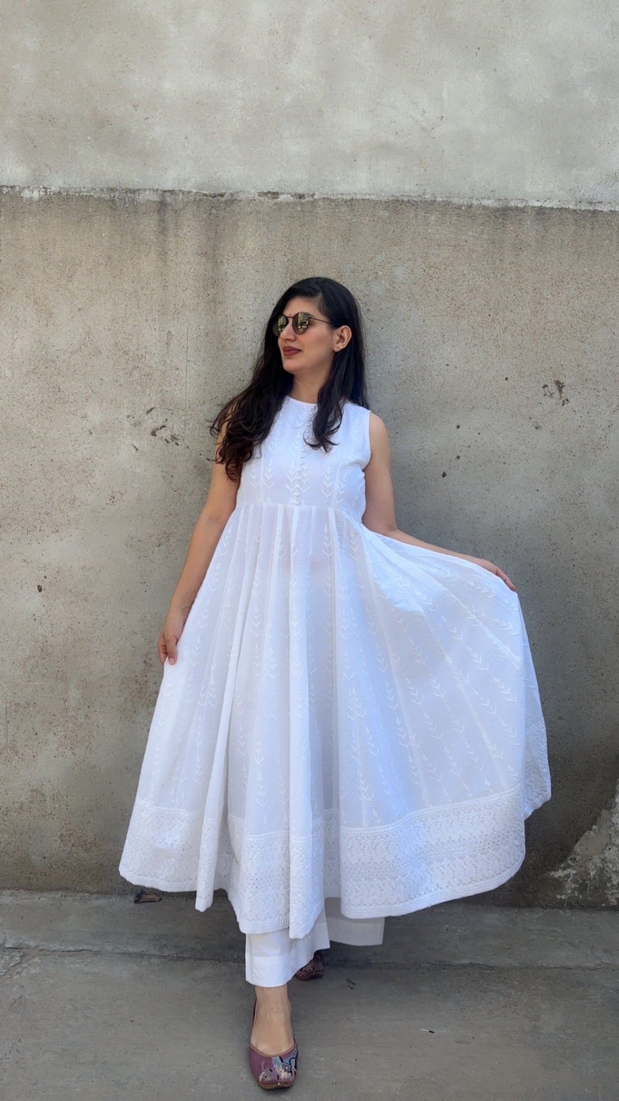 Chikenkari White Cotton Anarkali Set Of 2