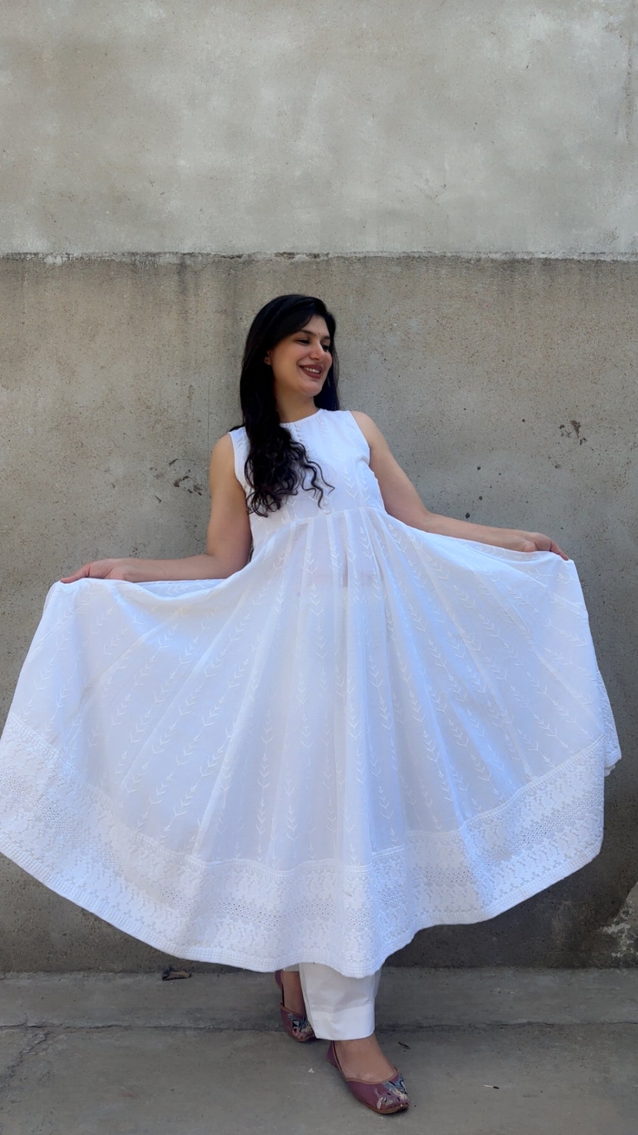 Chikenkari White Cotton Anarkali Set Of 2