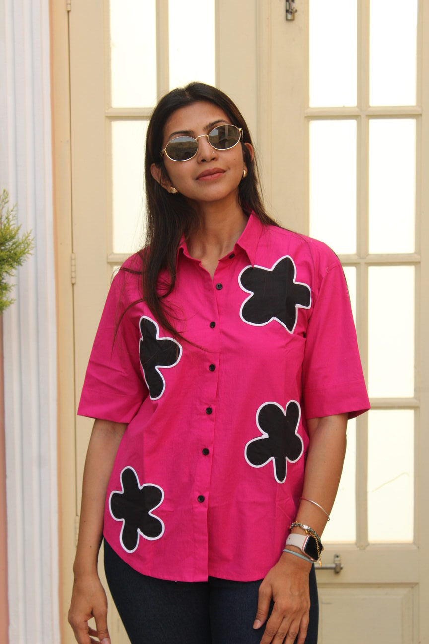 pink cotton patchwork shirt women