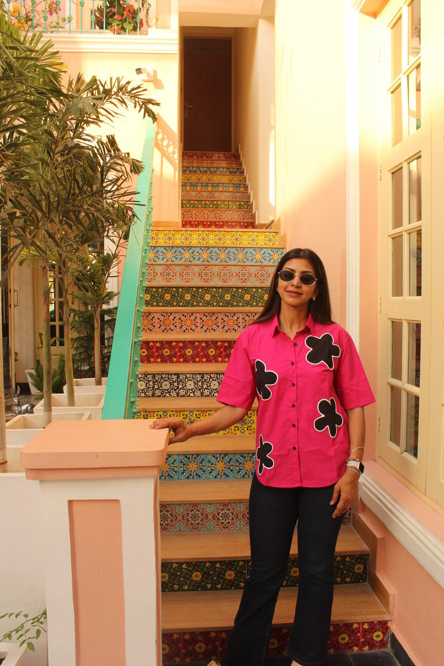pink cotton patchwork shirt women