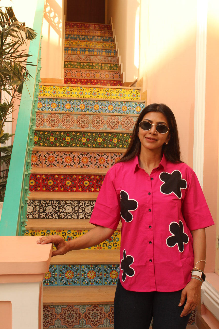 pink cotton patchwork shirt women
