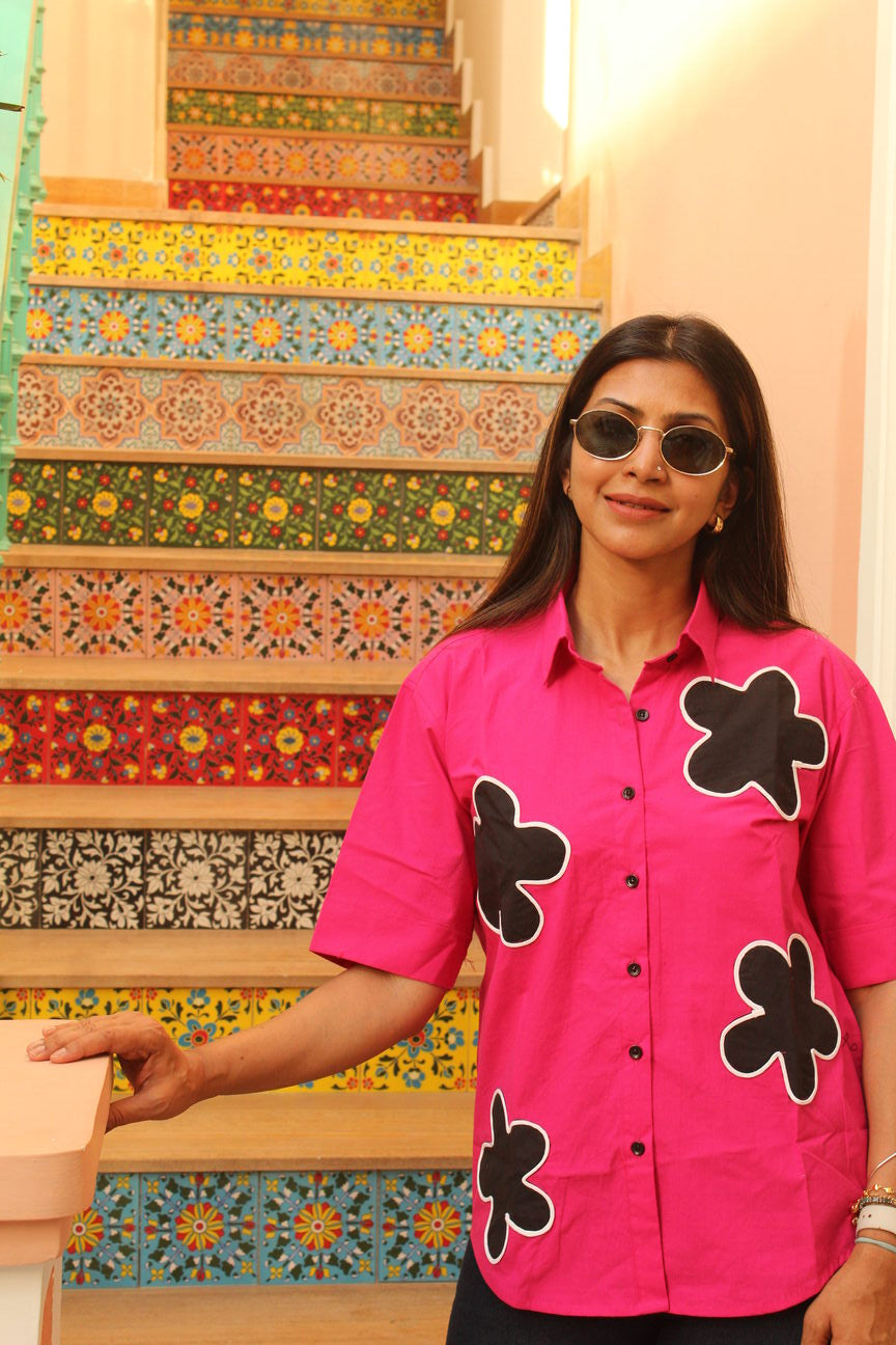 pink cotton patchwork shirt women