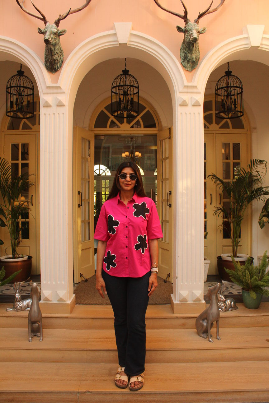 pink cotton patchwork shirt women