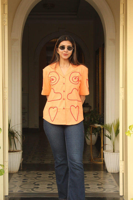 orange patchwork shirt