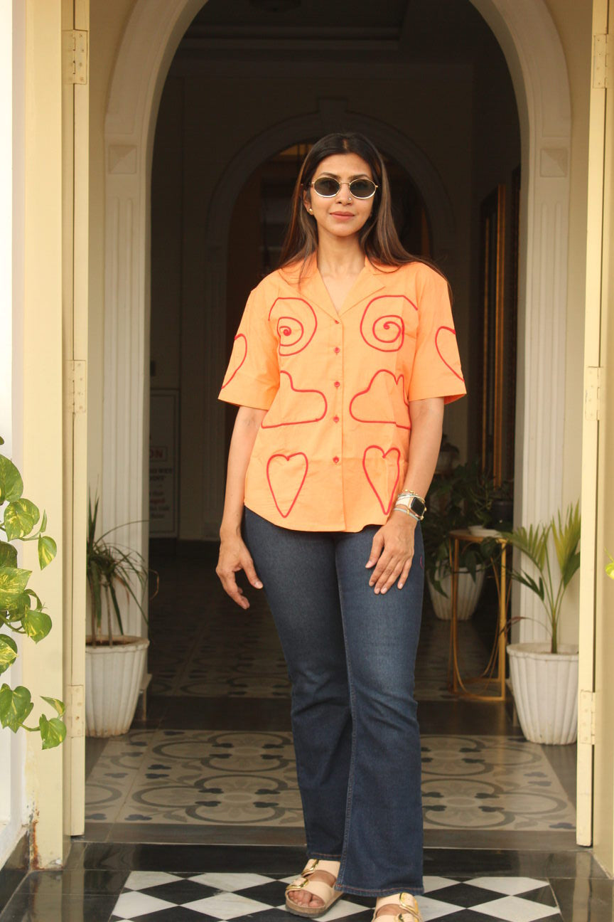 orange patchwork shirt