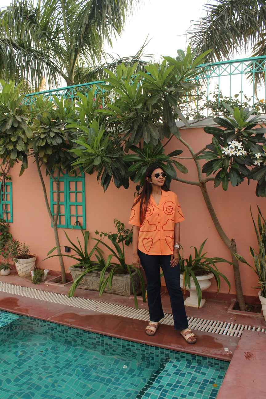 orange patchwork shirt