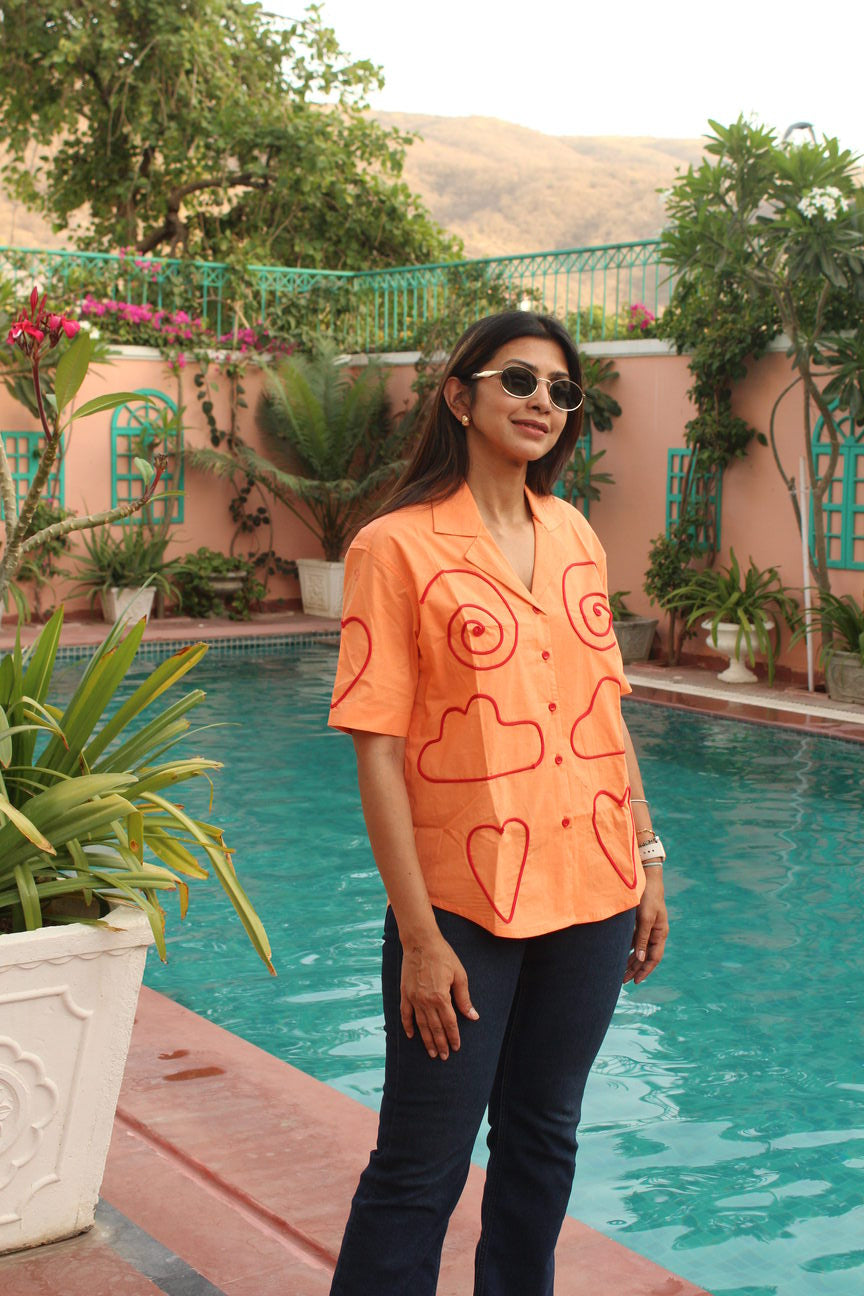 orange patchwork shirt