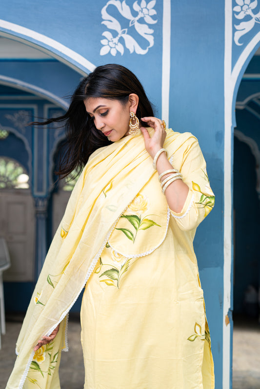 yellow cotton handpainted kurta,pant and dupatta set with lace