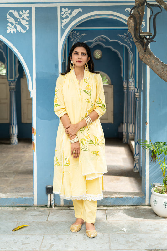 yellow cotton handpainted kurta,pant and dupatta set with lace