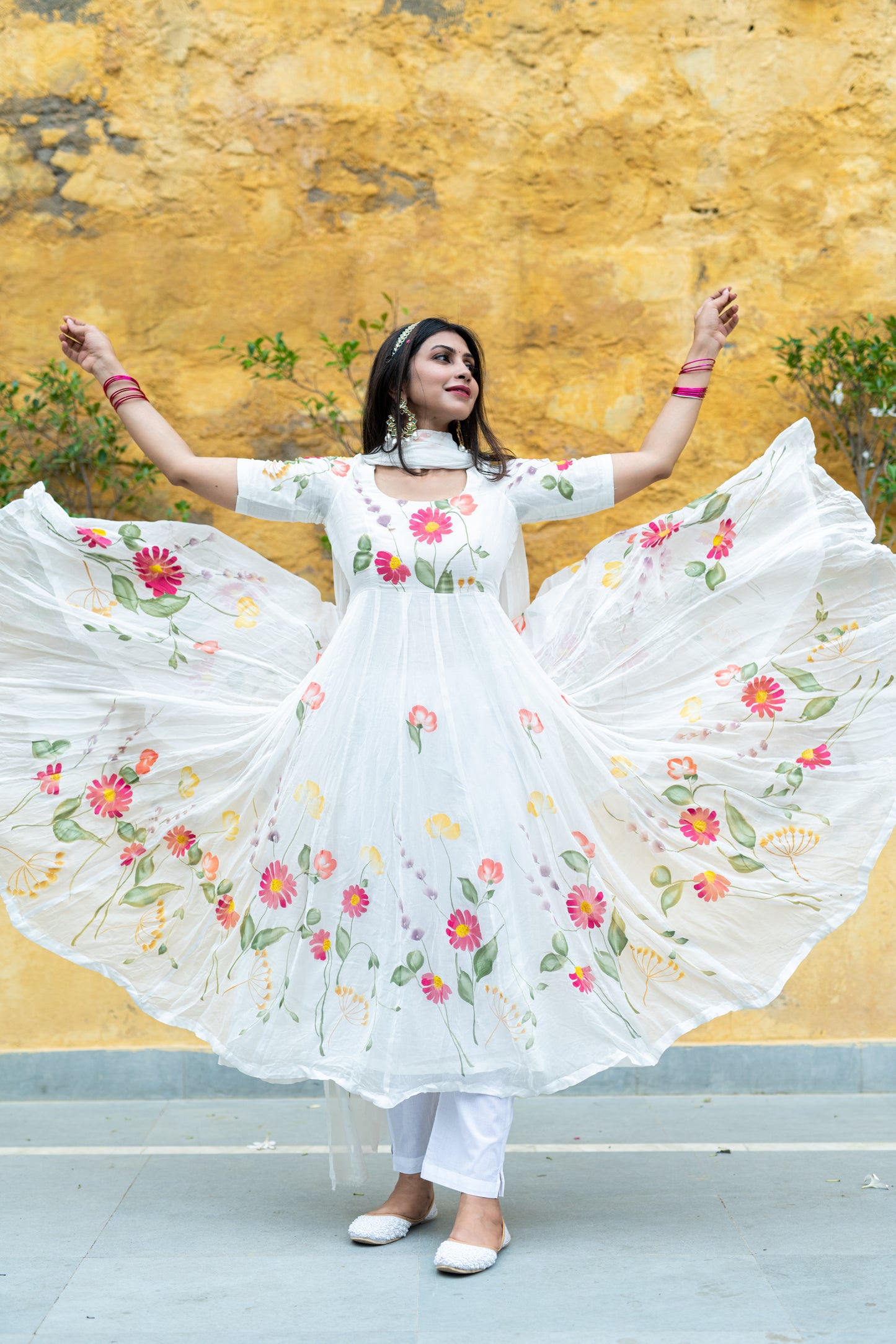 white chiffon handpainted anarkali set