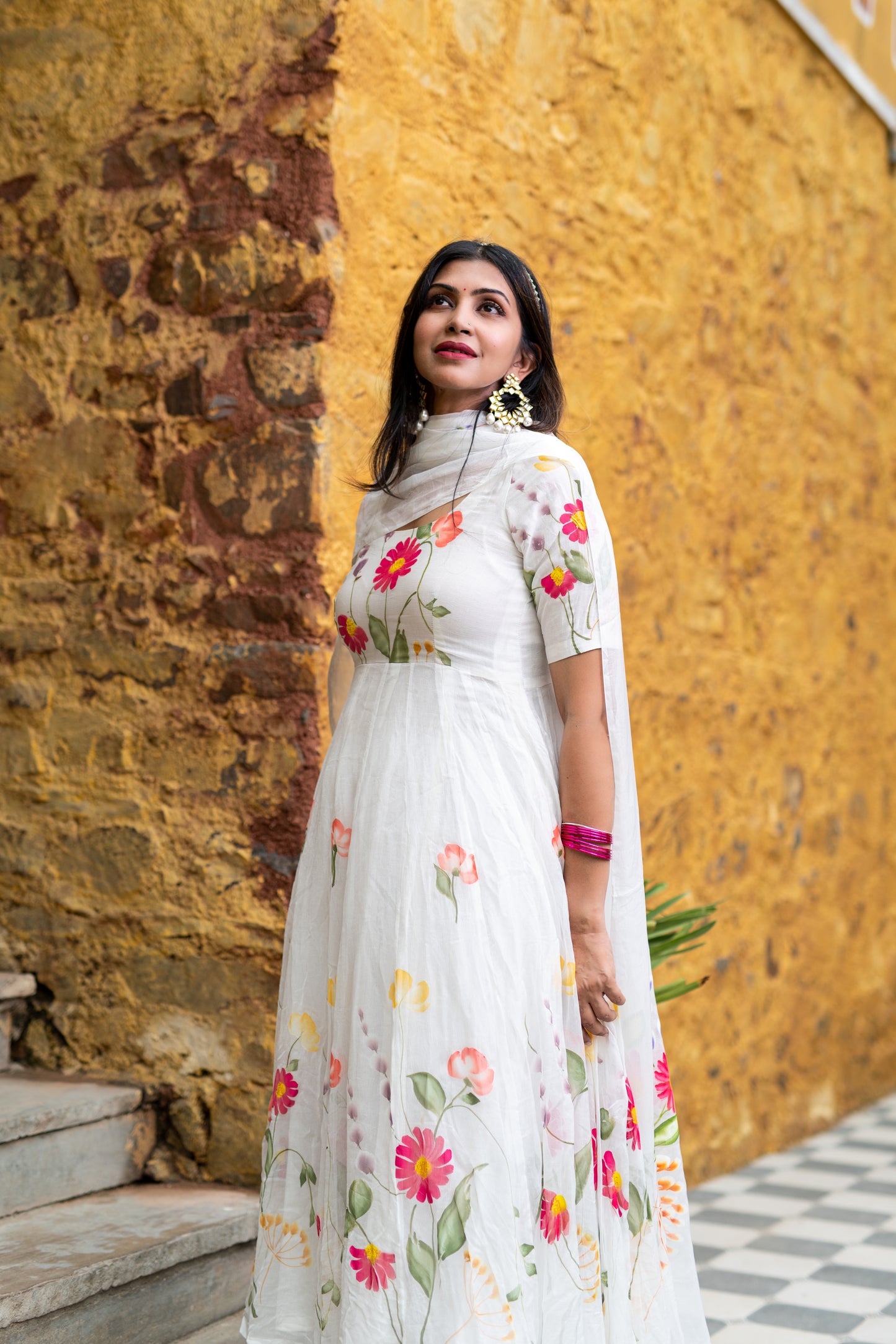 white chiffon handpainted anarkali set