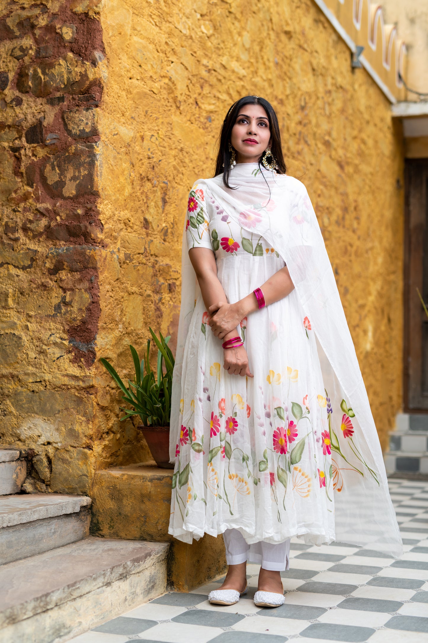 white chiffon handpainted anarkali set