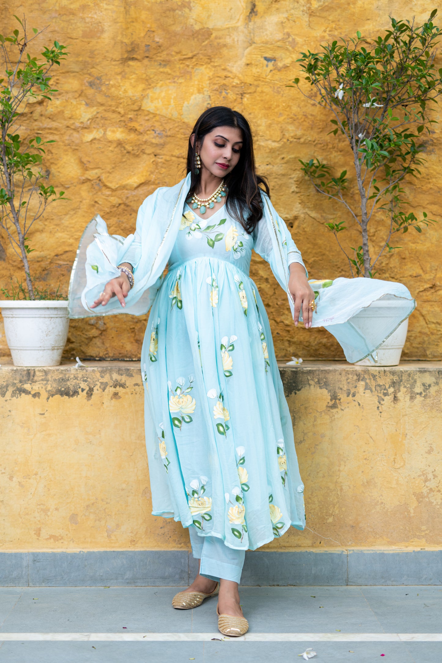 light blue chiffon handpainted alia cut set