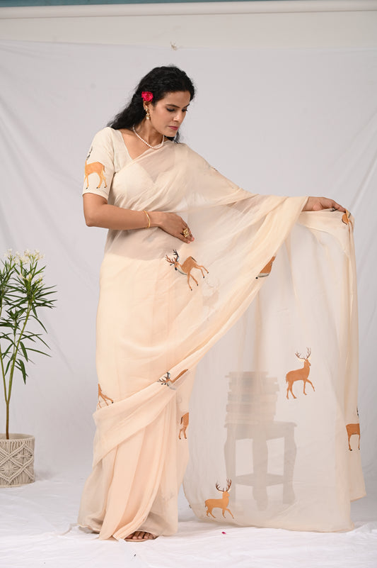 reindeer handpainted organza saree