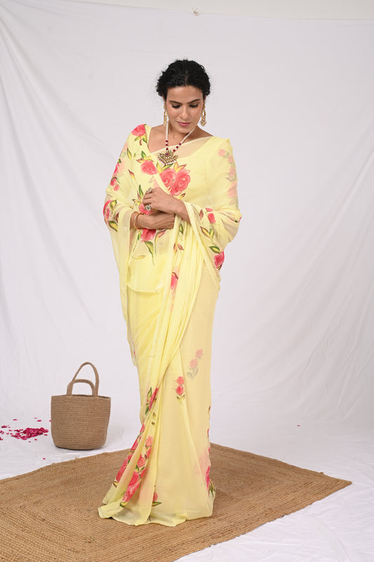 yellow chiffon handpainted saree