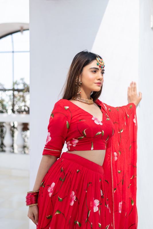 red chiffon handpainted lehenga with dupatta and blouse