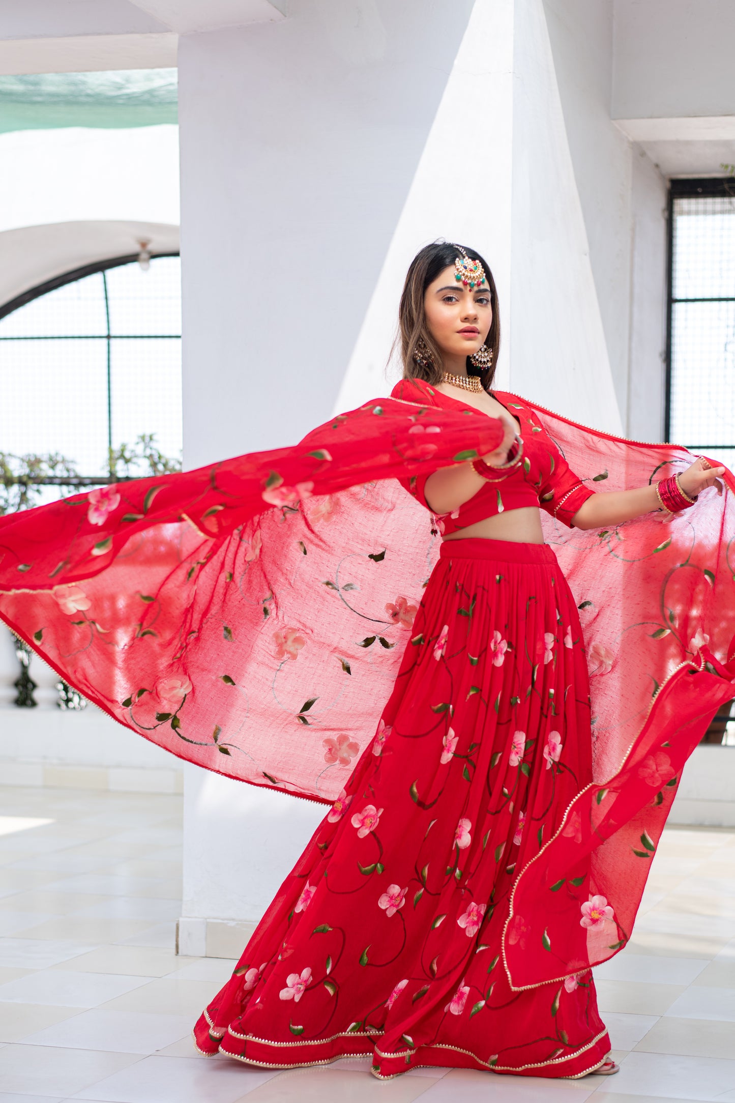 red chiffon handpainted lehenga with dupatta and blouse