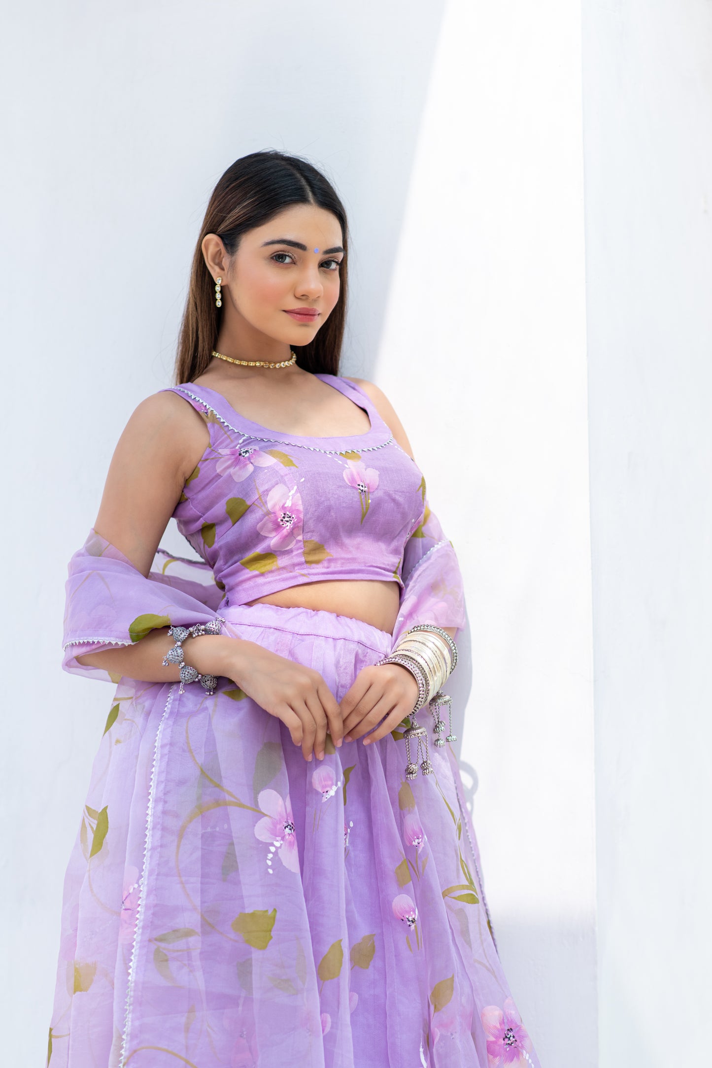 lavender organza handpainted lehenga set