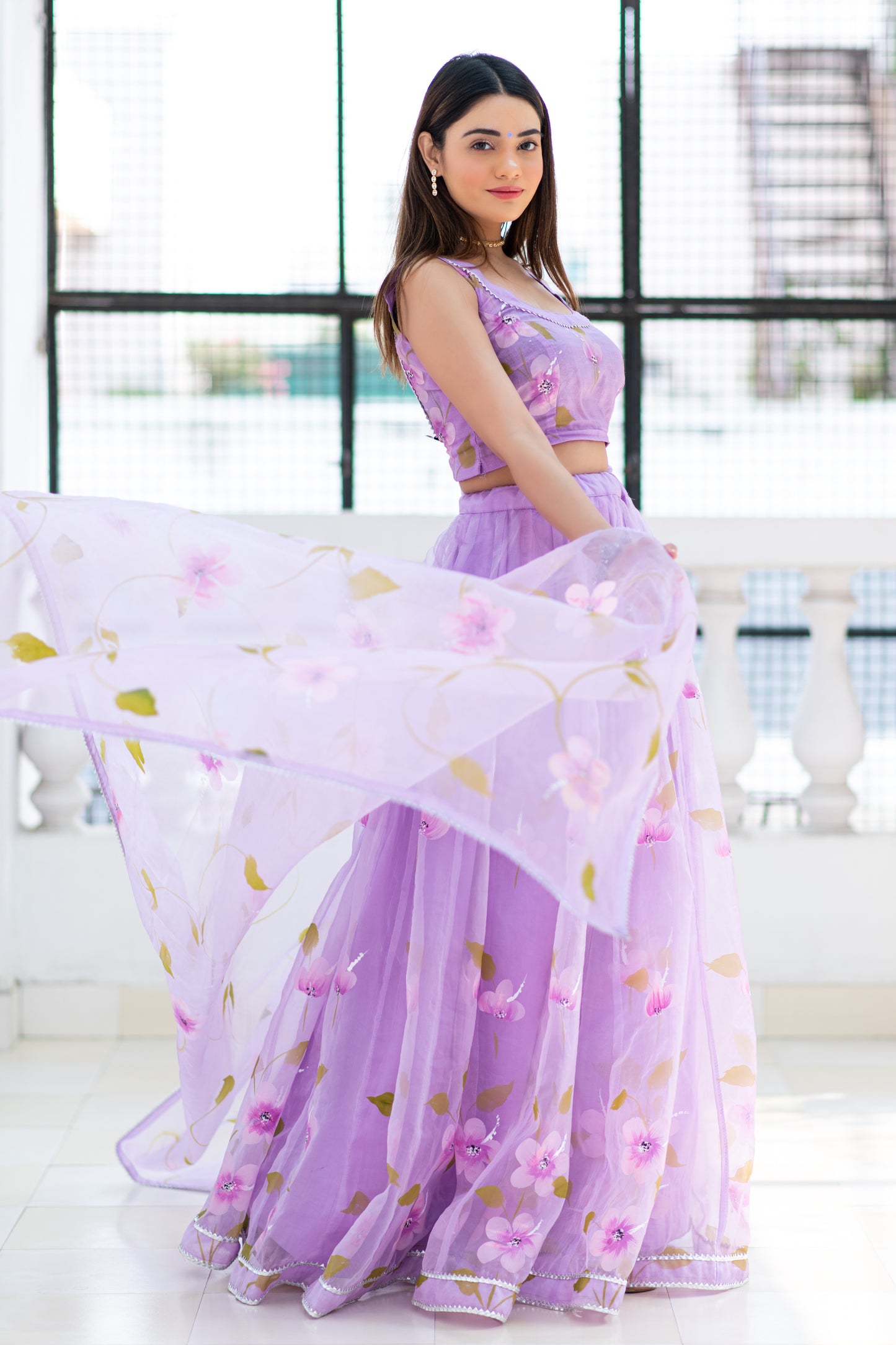 lavender organza handpainted lehenga set