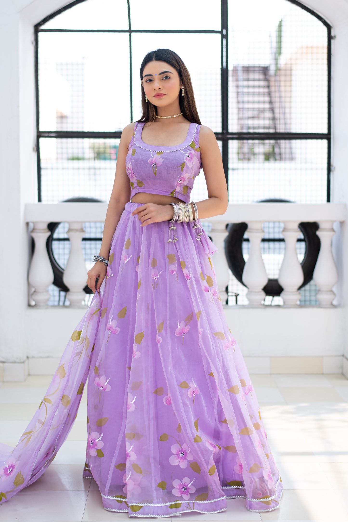 lavender organza handpainted lehenga set