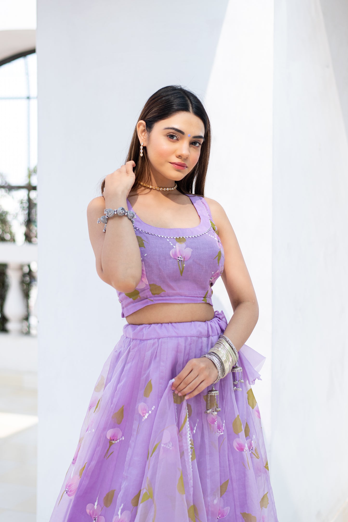 lavender organza handpainted lehenga set