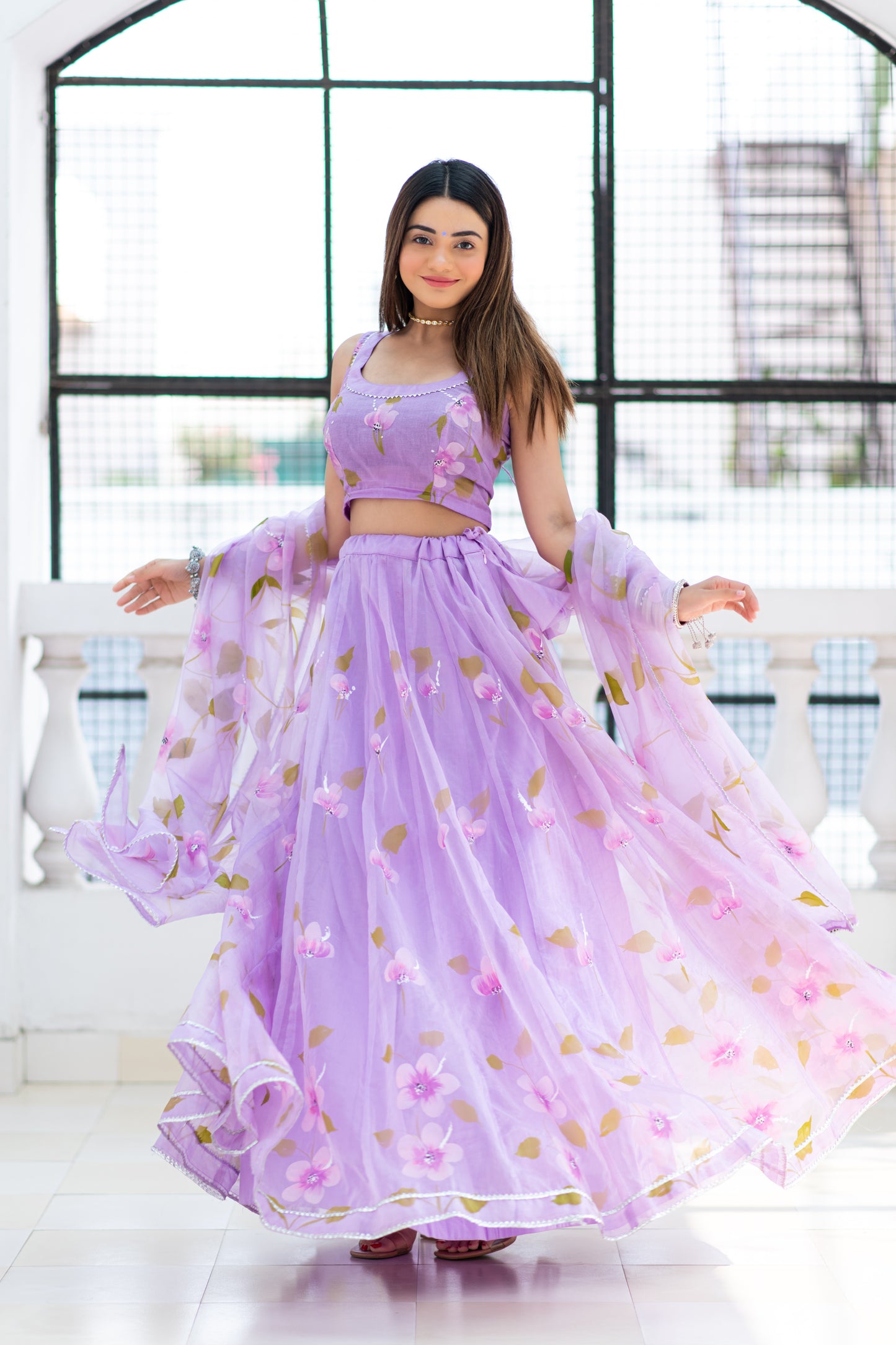 lavender organza handpainted lehenga set