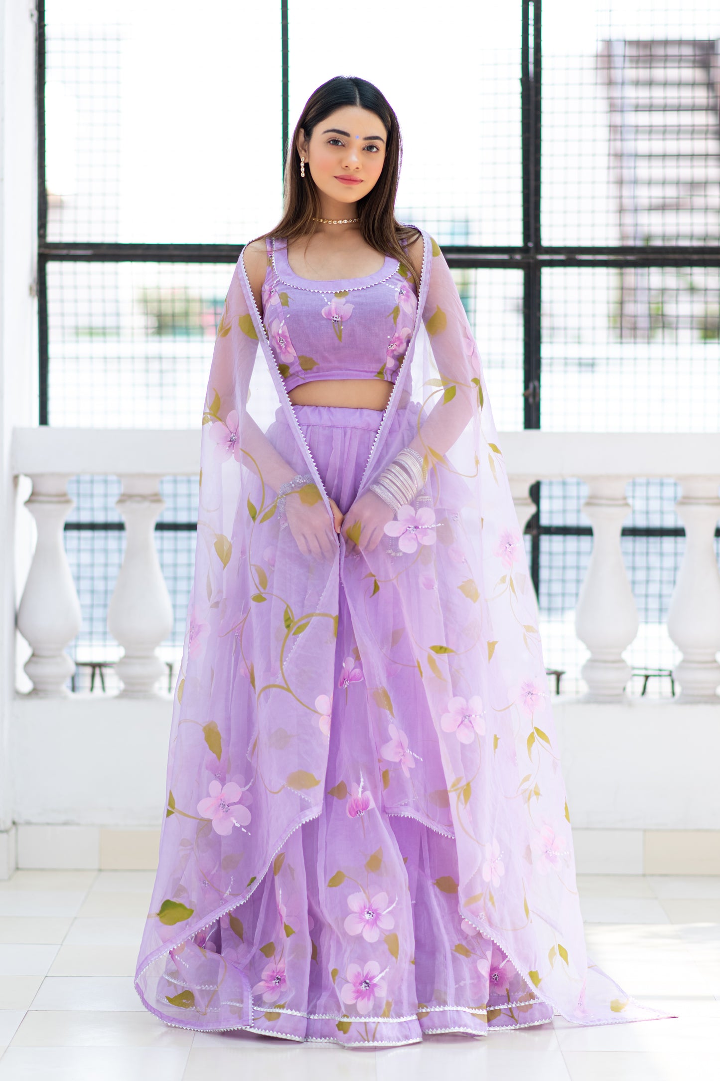 lavender organza handpainted lehenga set