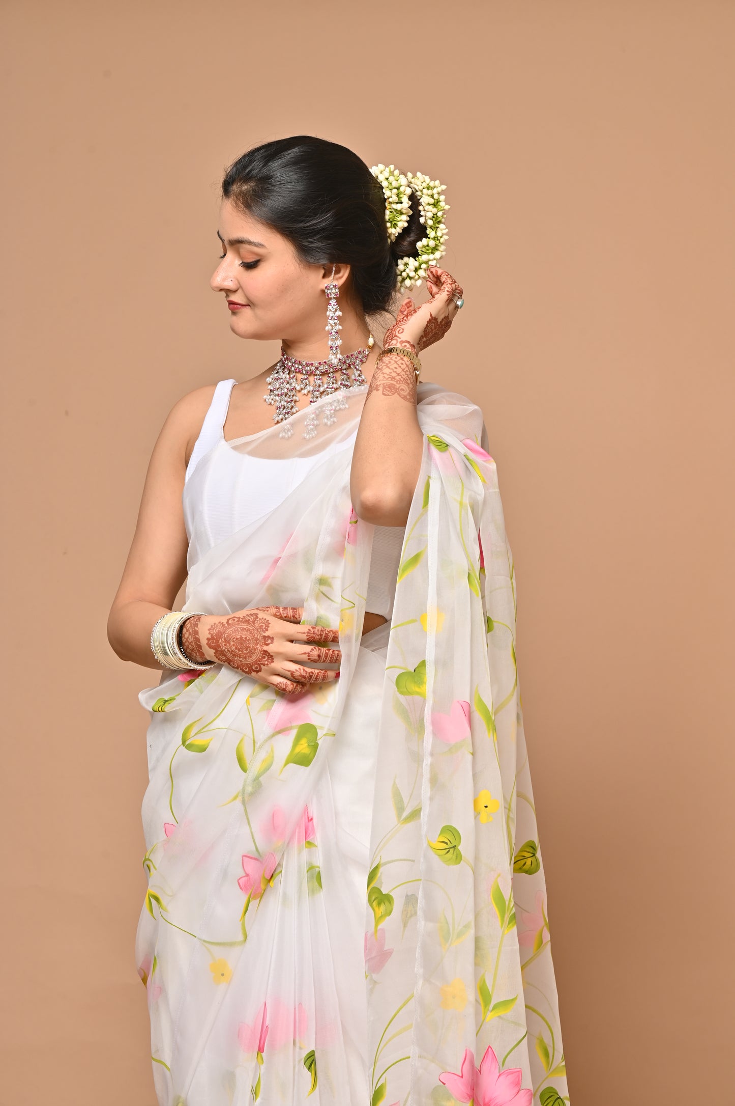 white soft organza handpainted with lotus design saree with unstitched blouse