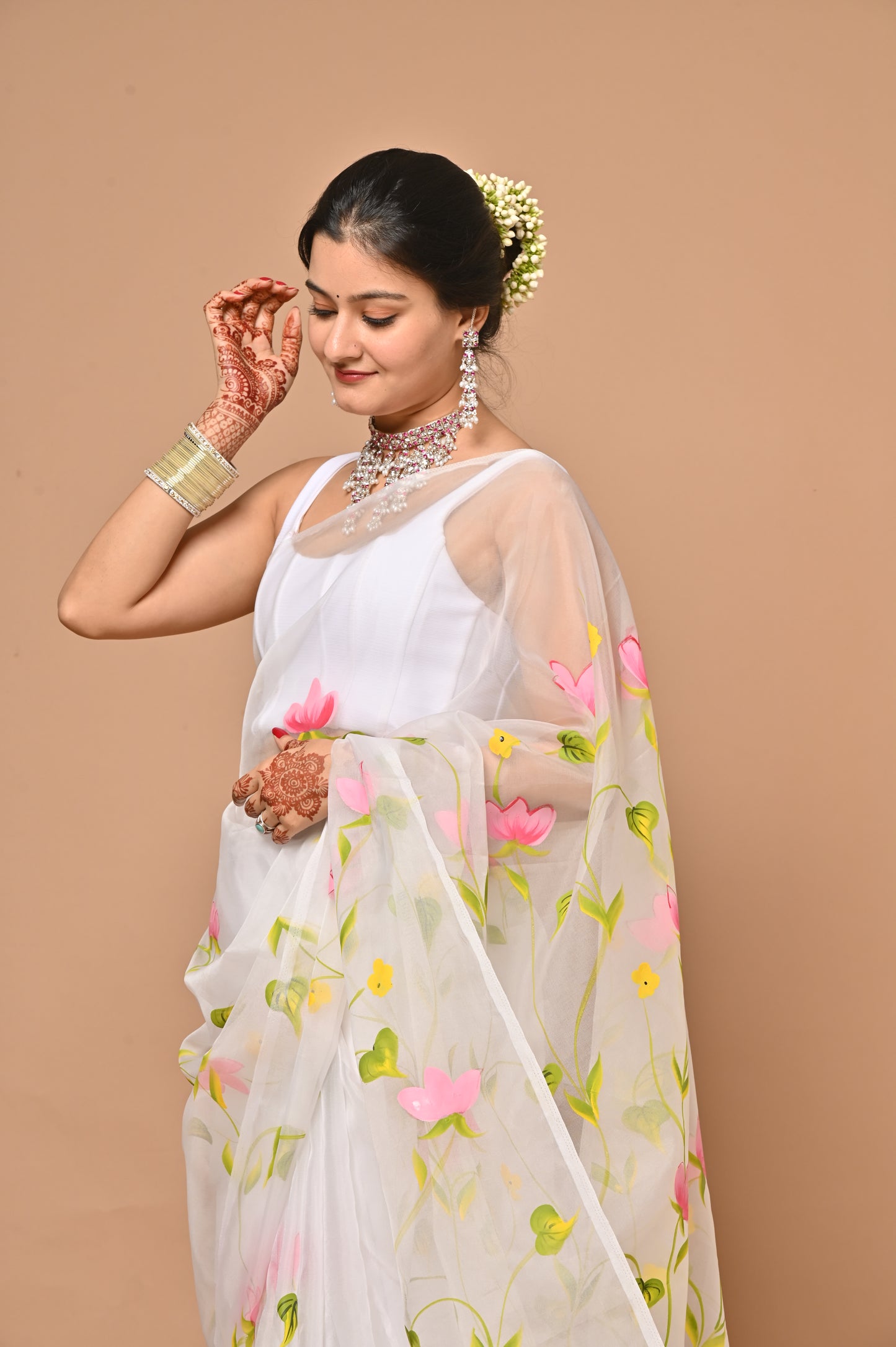 white soft organza handpainted with lotus design saree with unstitched blouse