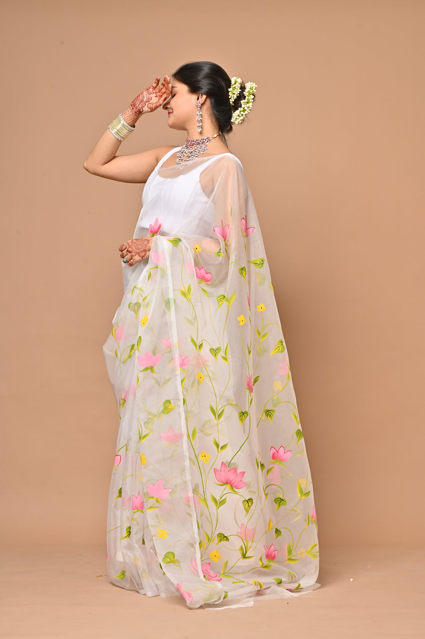 white soft organza handpainted with lotus design saree with unstitched blouse