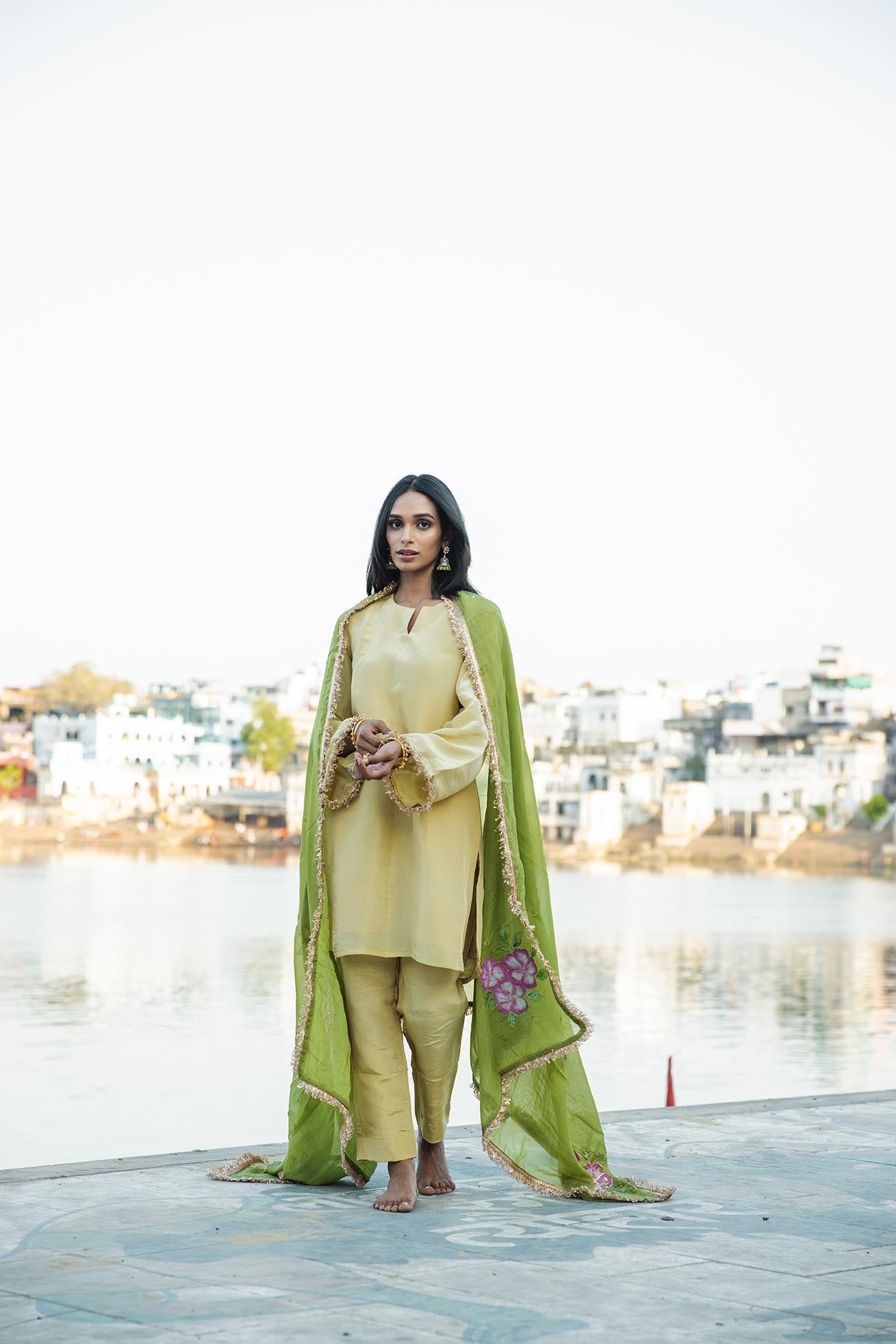 Kaira tissue gold & olive suit set