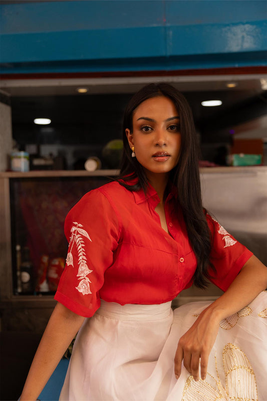 Valentino red soft organza handpainted and hand embroidered shirt