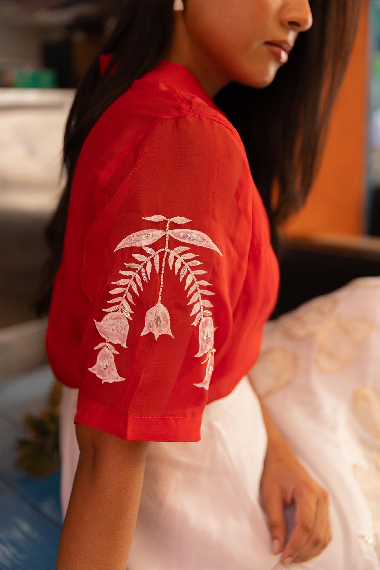 Valentino red soft organza handpainted and hand embroidered shirt