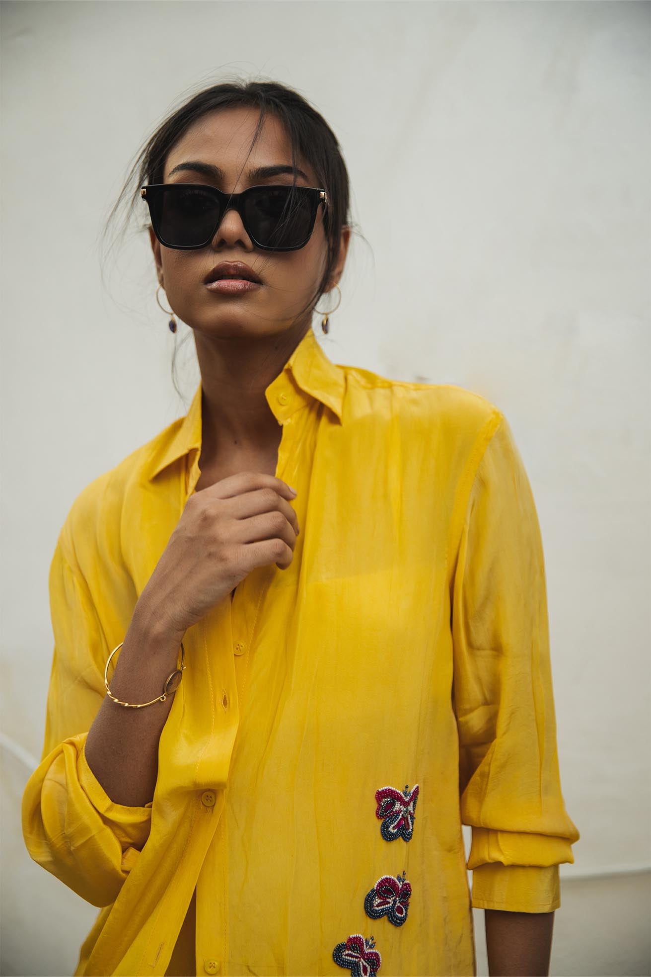 Sage golden crepe shirt with hand embroidery