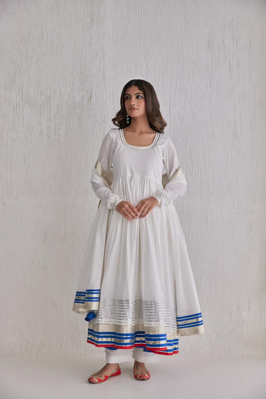 Madhura white and blue red anarkali kurta with pant