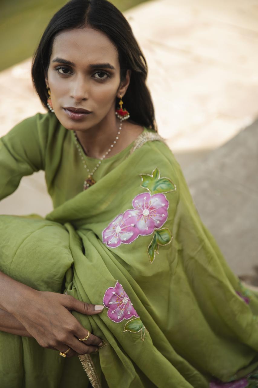 leela olive green organza handpainted and handembellished saree