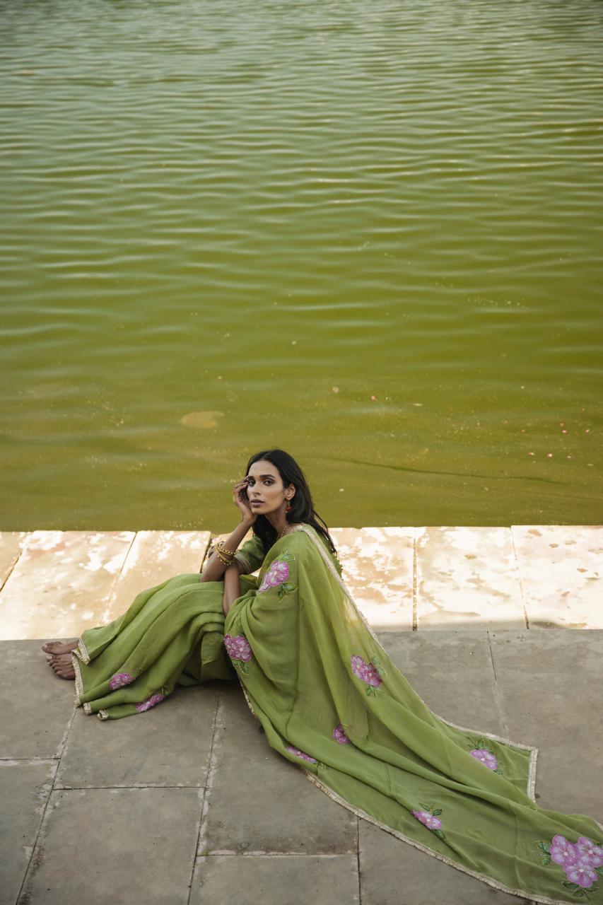 leela olive green organza handpainted and handembellished saree